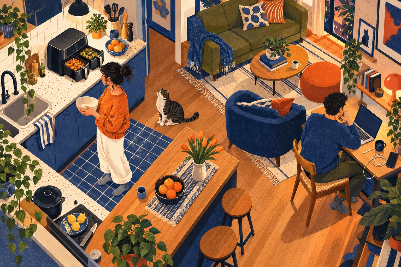 An illustrated apartment shared by people with different routines.